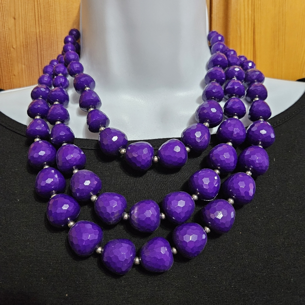 Violet Purple Necklace Signed KOSMOS Vintage 3 Strand Faceted Beads